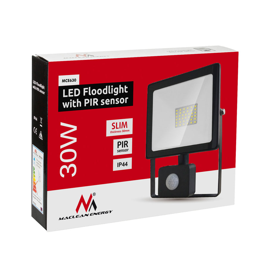 LED-strålkastare med Maclean-rörelsesensor, tunn 30W, 2400lm, neutralvit (4000K), IP44, MCE630 NW PIR