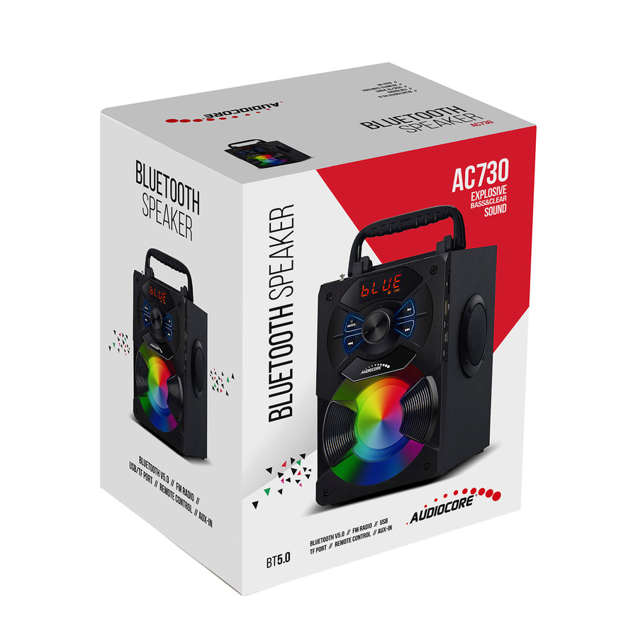Bärbar Bluetooth-högtalare / radio / SD / MMC / aux-in / USB / belysning / fjärrkontroll / teleskopantenn / mikrofonkontakt