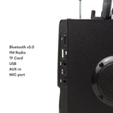 Bärbar Bluetooth-högtalare / radio / SD / MMC / aux-in / USB / belysning / fjärrkontroll / teleskopantenn / mikrofonkontakt