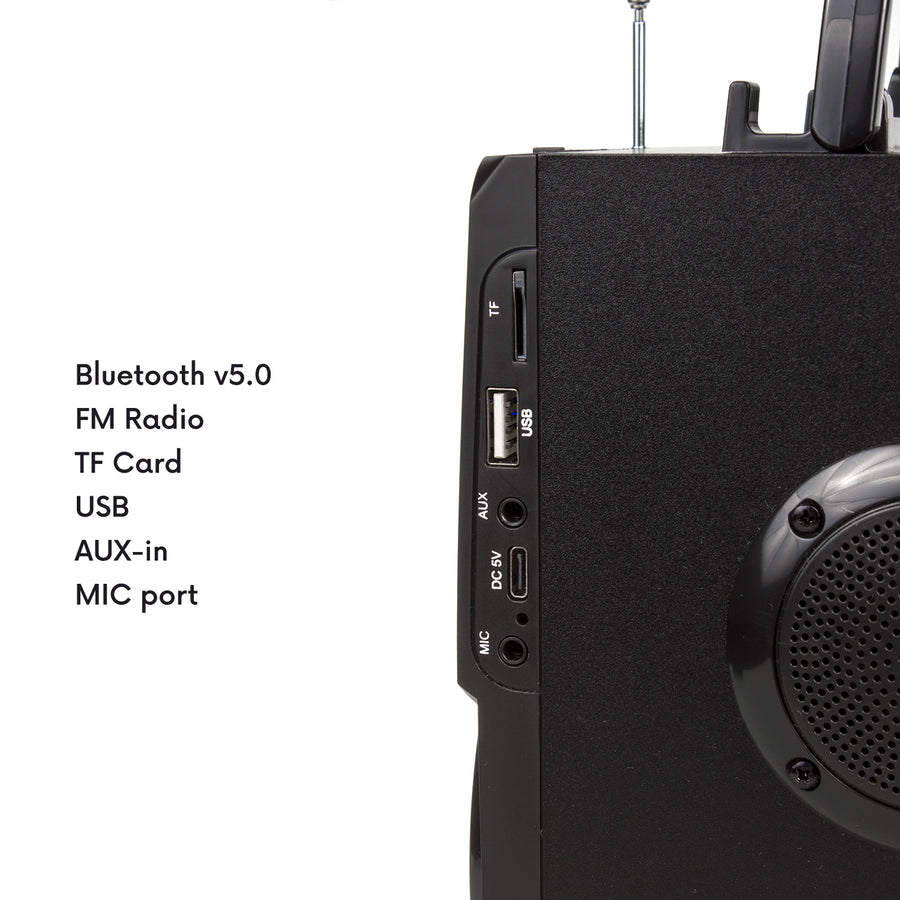 Bärbar Bluetooth-högtalare / radio / SD / MMC / aux-in / USB / belysning / fjärrkontroll / teleskopantenn / mikrofonkontakt