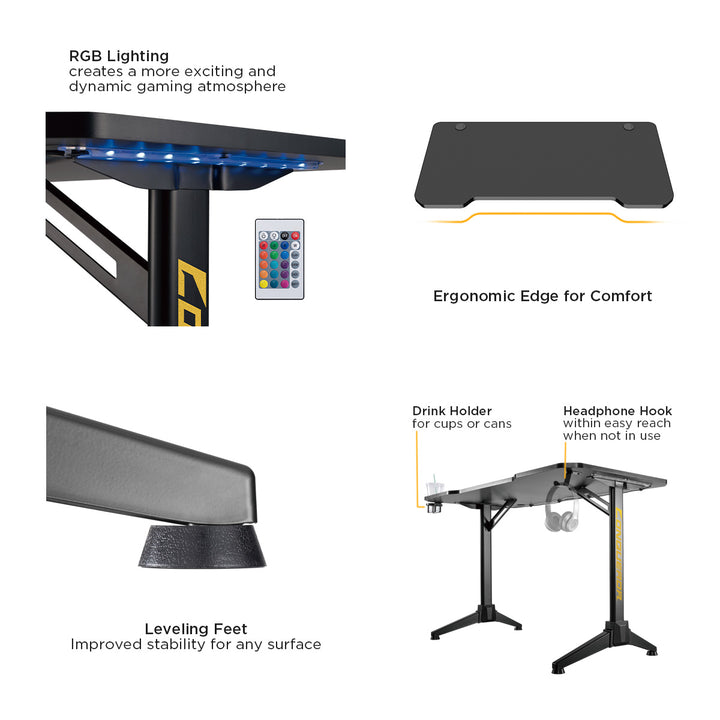 NanoRS RS701 Spelbord Med Justerbar RGB LED-Bakgrundsbelysning Mugghållare Hörlurshållare Spelbord 120x60x75cm Datorbord