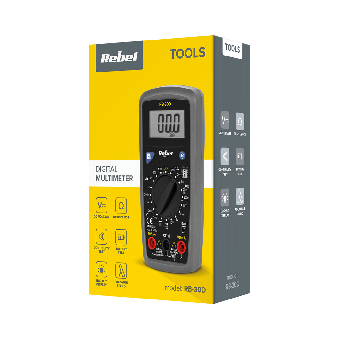 Rebel Tools RB-30D universalmätare innehåller testledningar