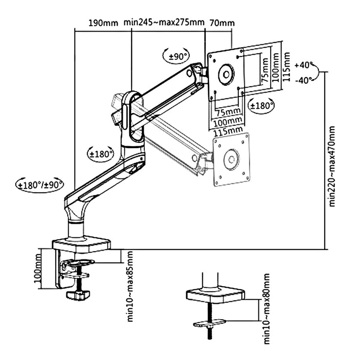 1-fals Premium Monitor Mount med gasfjäder 17"-32" Dubbelarm Skrivbordsmonterad Monitorarm Svängbar Tilt Roterbar VESA 75x75 100x100 upp till 9kg