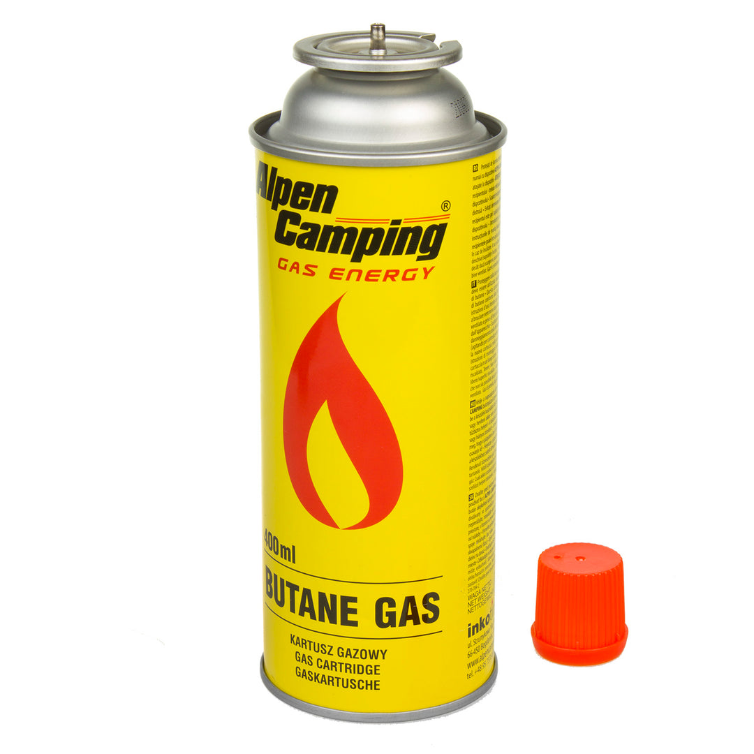 Alpen Camping Butangaspatron Gasflaska För Gasspis Campingspis Bunsenbrännare Lödbrännare 400ml. Certifikat: Pi 0875, EN417-Kompatibel, Isobutan, Driftområde -10°C till +40°C, IK004