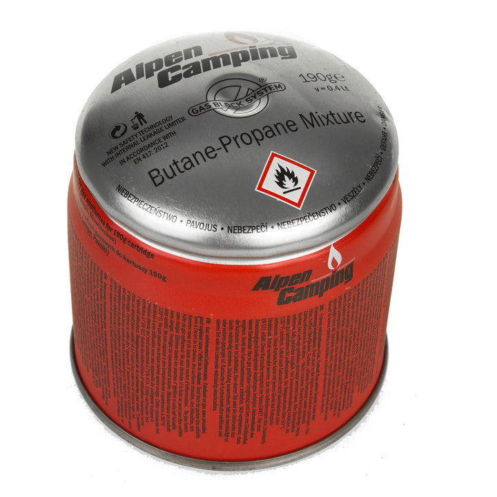 Gaspatron 400 ml Alpen Camping. certifikat: Pi 0437, EN417-kompatibel, propan-butan, intervall -10 ° C till + 40 ° C, GAS STOP IK006-system