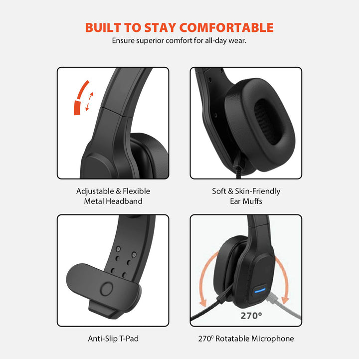 Audiocore AC864 Bluetooth-Headset Med Brusreducerande Mikrofon För Call Center Over-Ear-Hörlurar 32 Timmars Samtalstid Handsfree Trådlöst Kompatibelt Med Google Assistant Och Siri