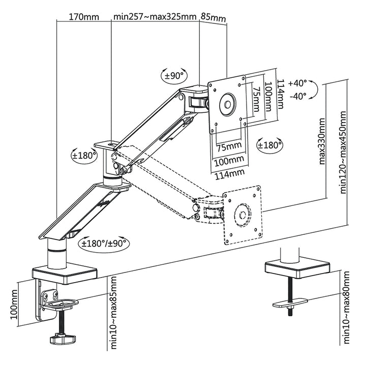 NanoRS RS162 Spelmonitorfäste Fäste För Spelmonitor 17-35" Bordsfäste Med Dubbla Armar Höjdjusterbart Svängbart Tiltbart Max. 8kg VESA 75x75 / 100x100