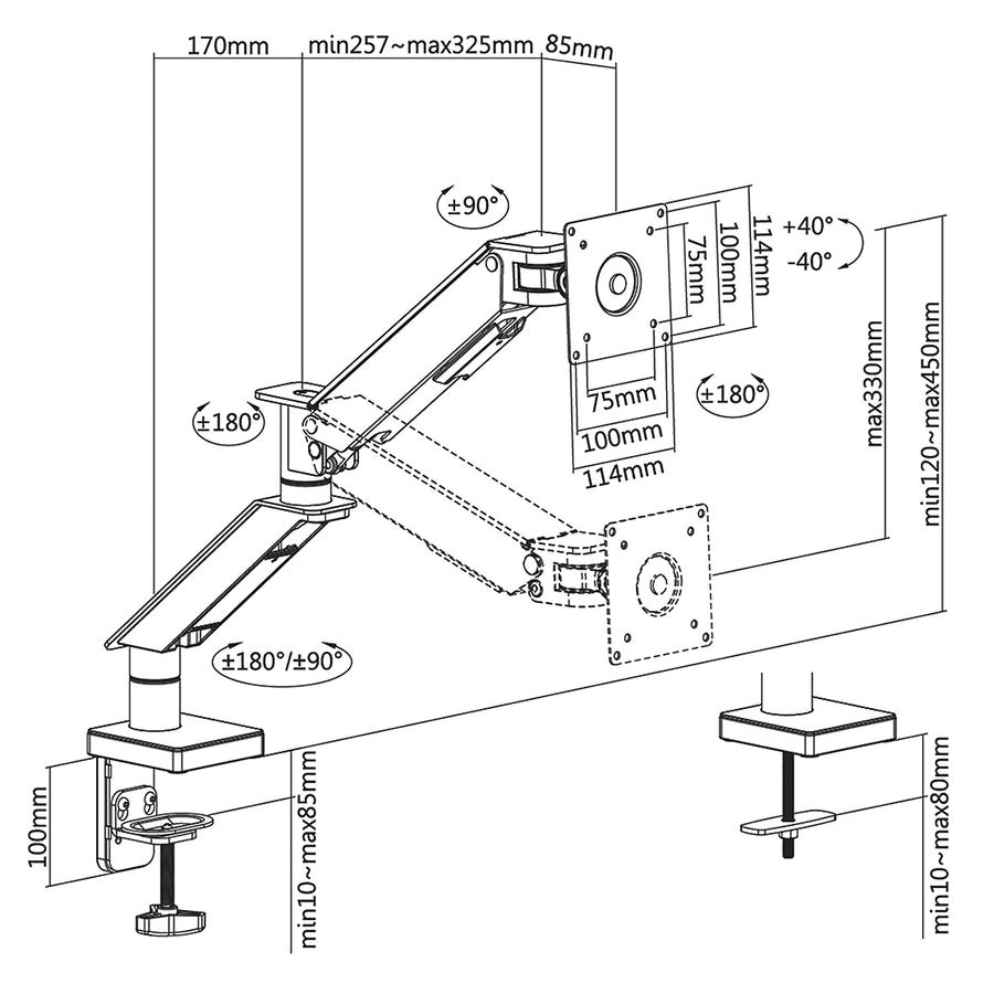 NanoRS RS162 Spelmonitorfäste Fäste För Spelmonitor 17-35" Bordsfäste Med Dubbla Armar Höjdjusterbart Svängbart Tiltbart Max. 8kg VESA 75x75 / 100x100