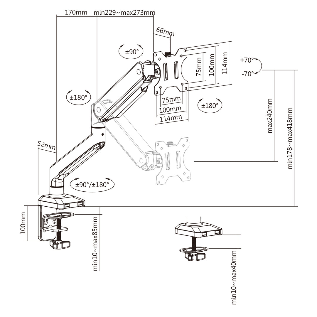 Ergo Office ER-447 Aluminium Bildskärmsfäste Med Gasfjäder Dubbelarm VESA 75x75/100x100 17"-32" 10 kg Silver