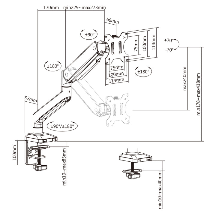 Ergo Office ER-445 Universal Skärmfäste Gasfjäder 17"-35" 15kg VESA 75x75 / 100x100