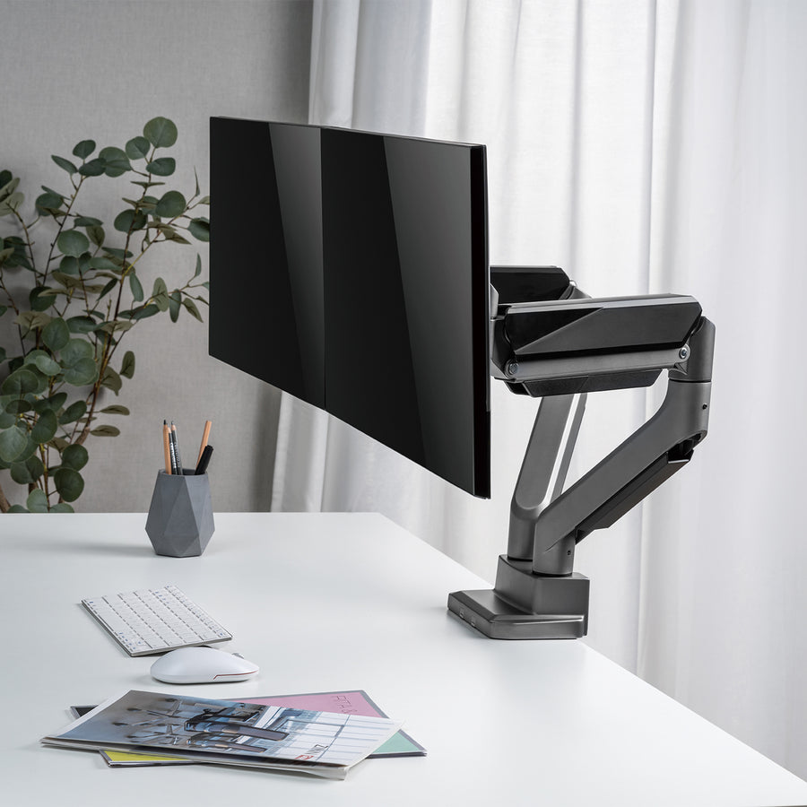 Ergo Office ER-446 Skärmhållare Med 2 Fack Och Gasfjäder Bordshållare 17-35" Tum Svängbart Vridbart Vridbart Roterbart Höjdinställbart Dubbel Arm VESA 75x75 100x100 Upp Till 2x15kg