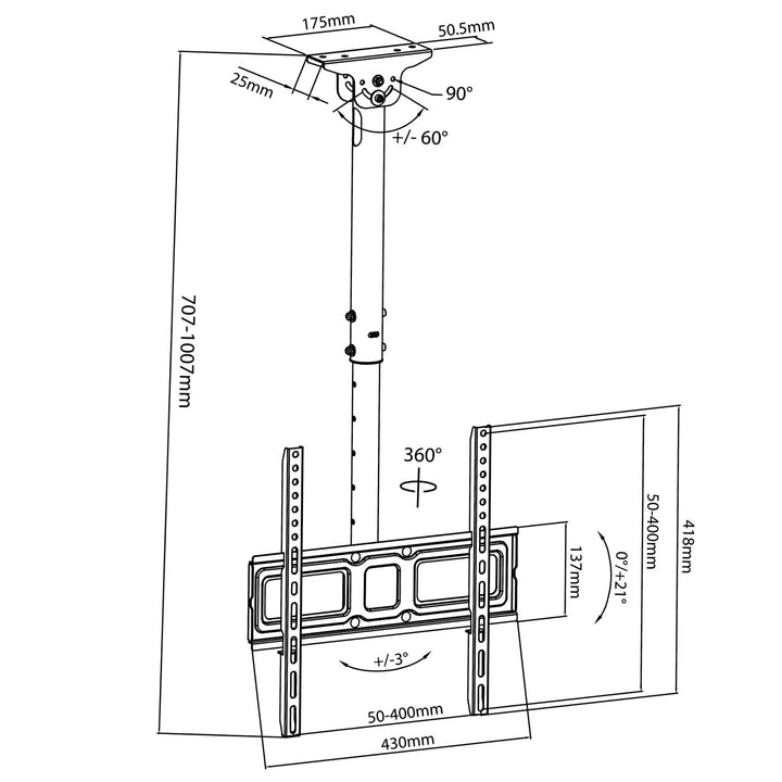 Maclean takfäste för TV, VESA 400x400, 32"-50", avstånd från taket 717-1017mm, max 35kg, MC-943