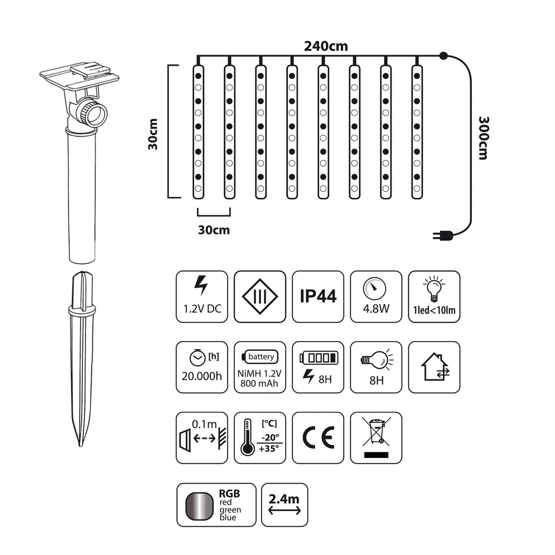 Maclean MCE411 Solar Led Lights 2.4m, 144 lysdioder, LED-läge, 800mAh Li-batteri, fallande istappar