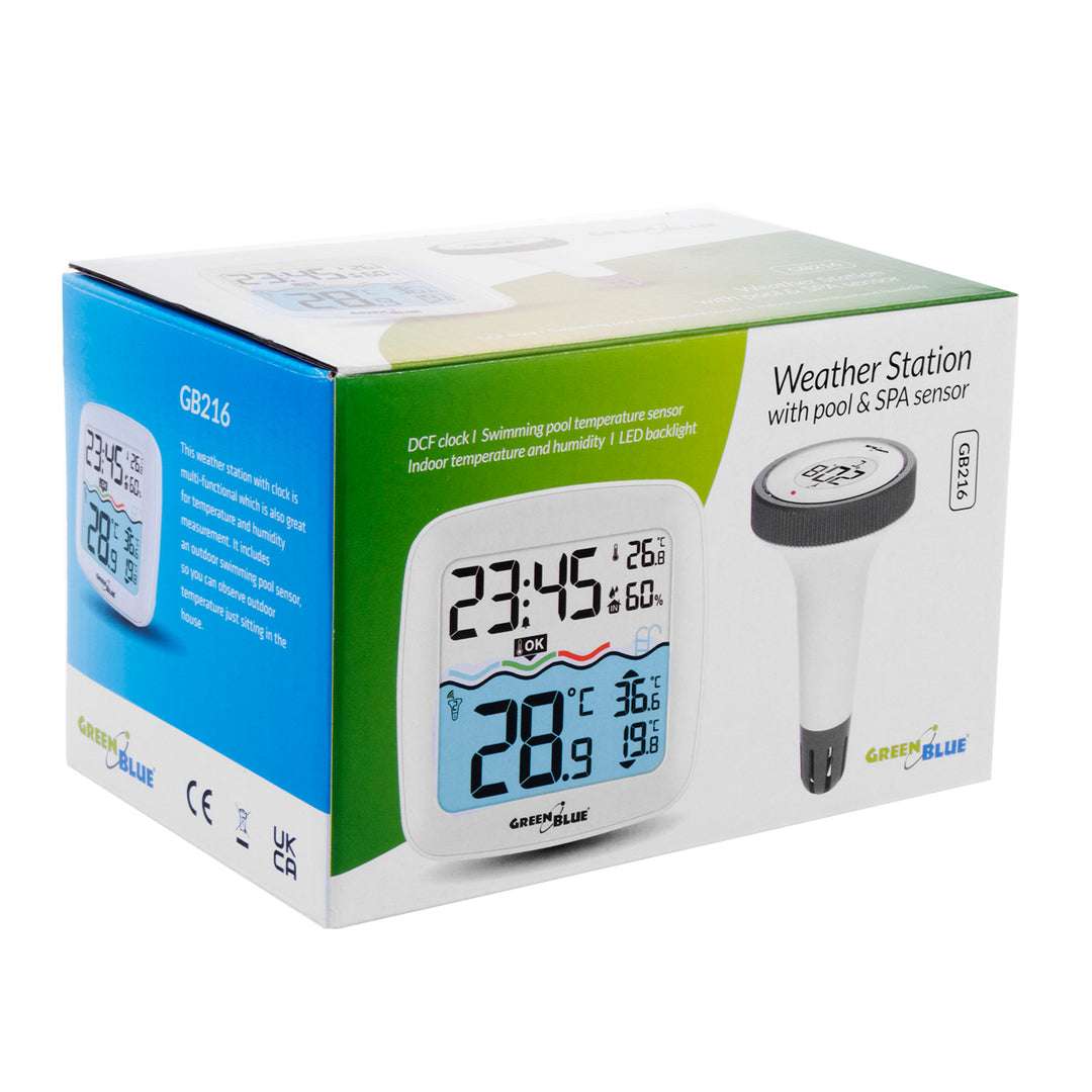 GreenBlue GB216 Digital Trådlös Pooltermometer Med Väderstation Temperaturstation Med Pooltermometer Inomhustemperatur Vattentemperatur Flytande Termometer Pool SPA DCF Radioklockfunktion