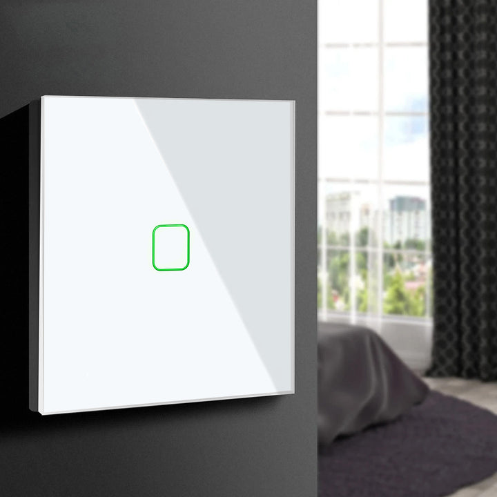 Maclean MCE716W Smart WiFi Touch strömbrytare kompatibel med Tuya APP väggströmbrytare glasströmbrytare med färgväxling LED-bakgrundsbelysning inbyggd strömbrytare 85 x 85 mm (1 x fyrkantig, vit)