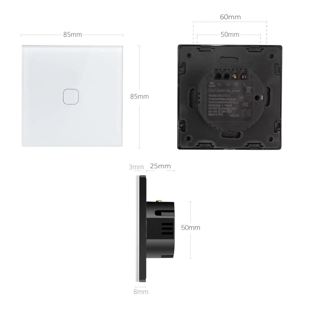 Maclean MCE716W Smart WiFi Touch strömbrytare kompatibel med Tuya APP väggströmbrytare glasströmbrytare med färgväxling LED-bakgrundsbelysning inbyggd strömbrytare 85 x 85 mm (1 x fyrkantig, vit)