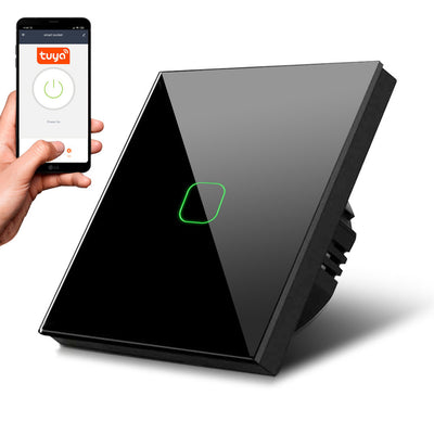 Maclean MCE716B Smart WiFi Touch strömbrytare kompatibel med Tuya APP väggströmbrytare glasbrytare med färgväxling LED-bakgrundsbelysning inbyggd strömbrytare 85 x 85 mm (1 x fyrkantig, svart)