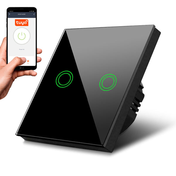 Maclean MCE714B Smart WiFi 2-Vägs Touch-Strömbrytare Kompatibel Med Tuya APP Väggströmbrytare Glasomkopplare Med Färgväxling LED-Bakgrundsbelysning Infälld Strömbrytare 85 x 85 mm (2-Vägs Rund, Svart)