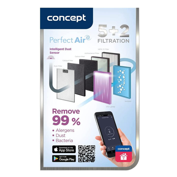 CONCEPT Hausgeräte Perfect Air SMART CA2000 Luftrenare Rumsluftrenare 320 m3 / h 7-stegsfiltrering HEPA-13 dammfilter Ioniserande kolfilter 99,9% Mobile App, svart