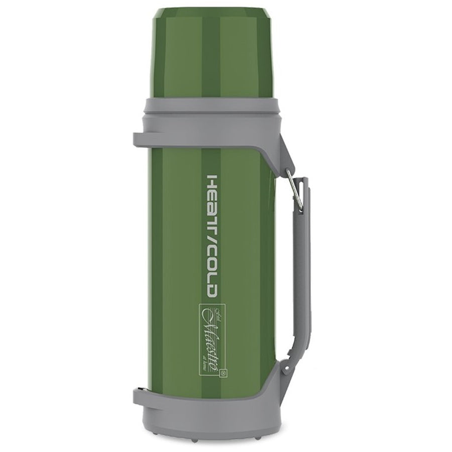 Maestro MR-1631 Termosflaska 1L Vakuumkolv Med Drickskopp 350ml Vakuumisolerad Tryckknapp 110cm Bärrem Vakuumkolv Rostfritt Stål 304 + Plast För Varma Eller Kalla Drycker (Grön)