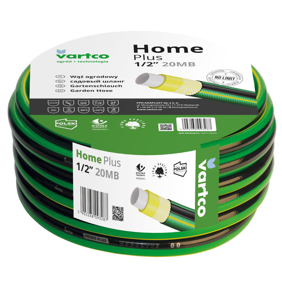 Vartco Home Plus 4-Lagers Vattenslang Trädgårdsslang Slang Trädgårdsbevattning Flexibel Slang Polyesterkorsfläta UV-Beständig 27 Bar (1/2" 20m)