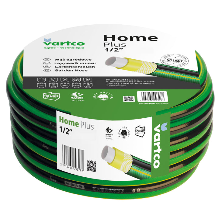 Vartco Home Plus 4-Lagers Vattenslang Trädgårdsslang Slang Trädgårdsbevattning Flexibel Slang Polyesterkorsfläta UV-Beständig 27 Bar (1/2" 50m)