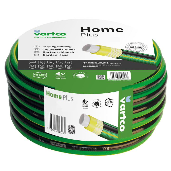 Vartco Home Plus 4-Lagers Vattenslang Trädgårdsslang Slang Trädgårdsbevattning Flexibel Slang Polyesterkorsfläta UV-Beständig 27 Bar (3/4" 20m)