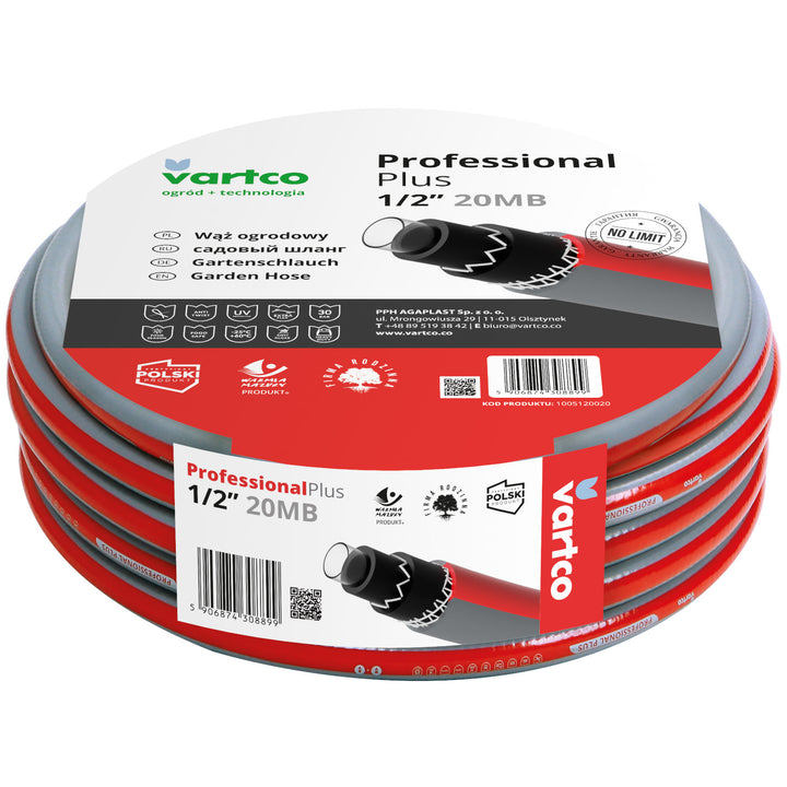 Vartco Professional Plus 6-Lagers Vattenslang Trädgårdsslang Slang Trädgårdsbevattning Flexibel Slang Polyesterkorsfläta UV-Beständig Anti Twist 30 Bar (1/2" 20m)