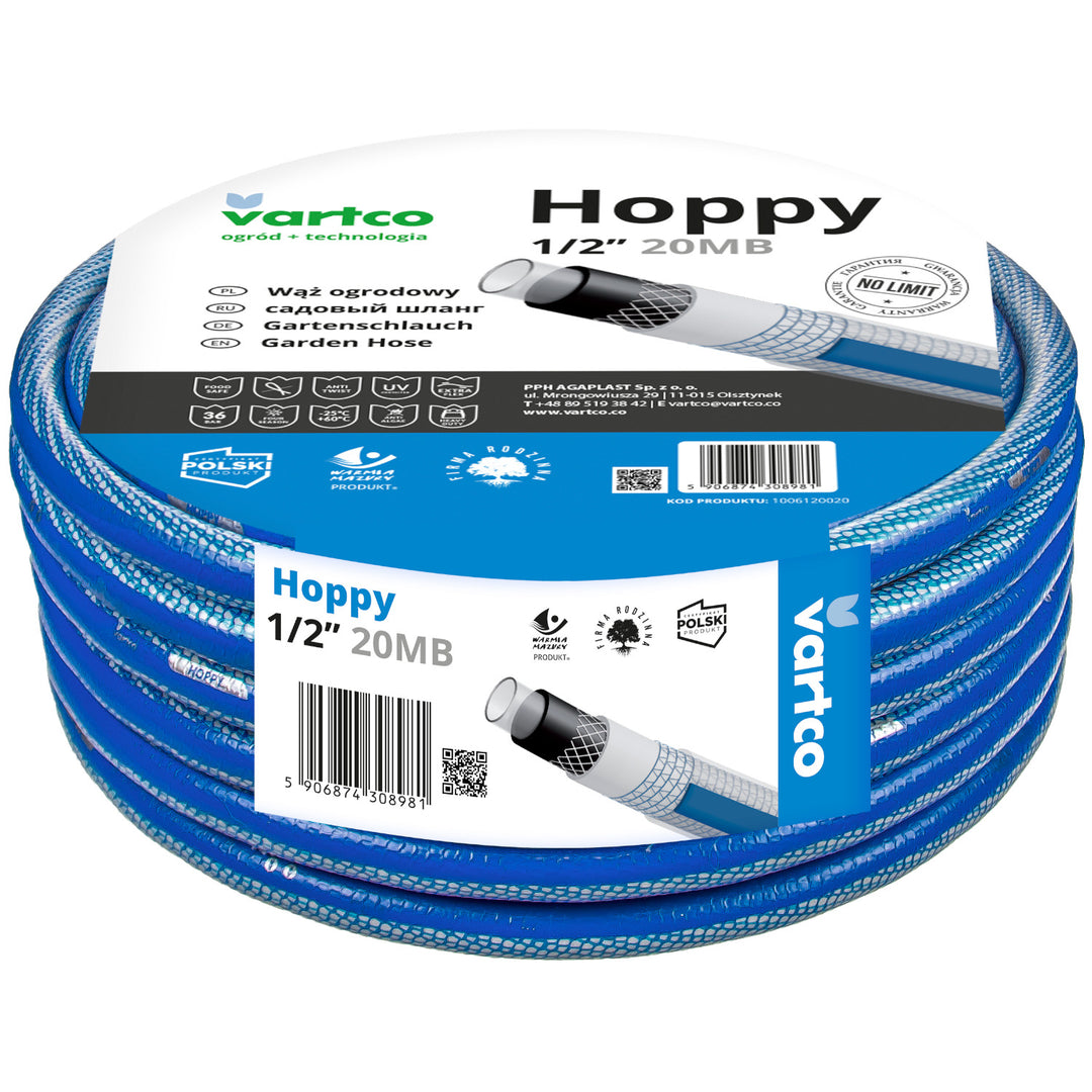 Vartco Hoppy 6-Lagers Vattenslang Trädgårdsslang Slang Trädgårdsbevattning Flexibel Slang Polyesterkorsfläta UV-Beständig Anti Twist 36 Bar (1/2" 20m)