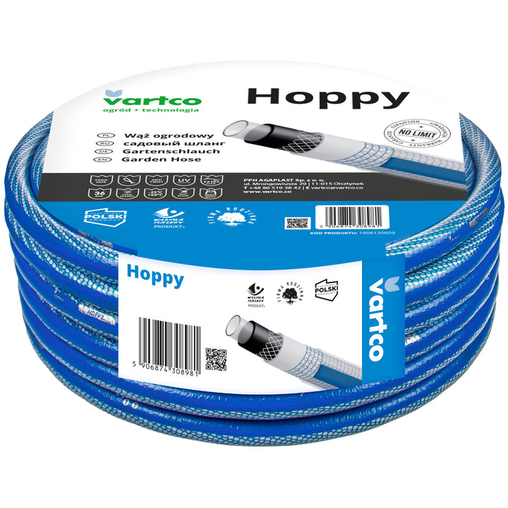 Vartco Hoppy 6-Lagers Vattenslang Trädgårdsslang Slang Trädgårdsbevattning Flexibel Slang Polyesterkorsfläta UV-Beständig Anti Twist 36 Bar (1/2" 50m)