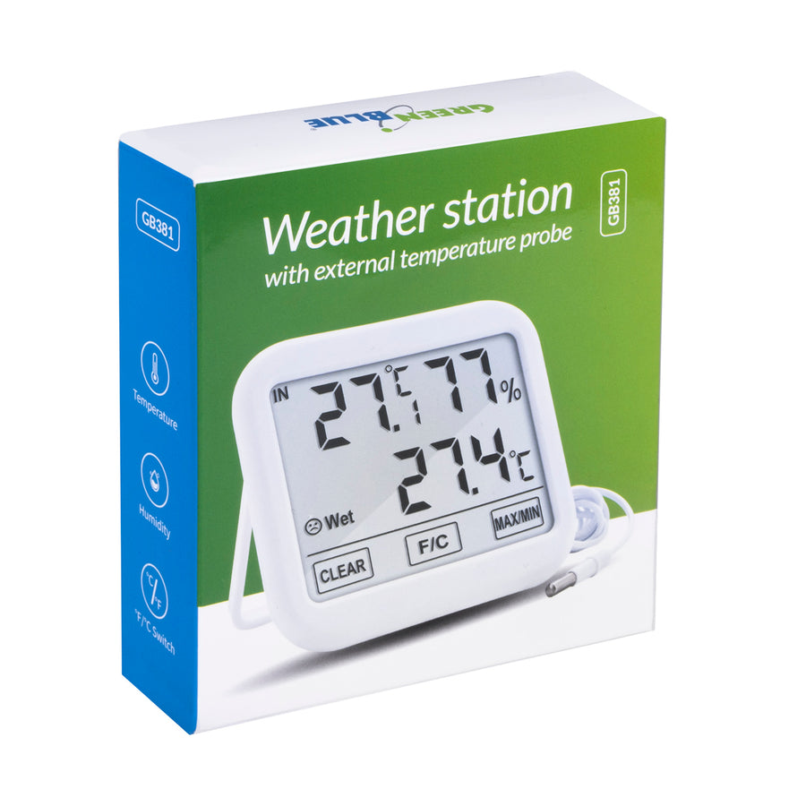 Green Blue GB381 Väderstation Med Extern Sond 1,5 m Kabellängd Bekväm Display Termometer Hygrometer Luftfuktighetsmätning Inomhus Och Utomhus