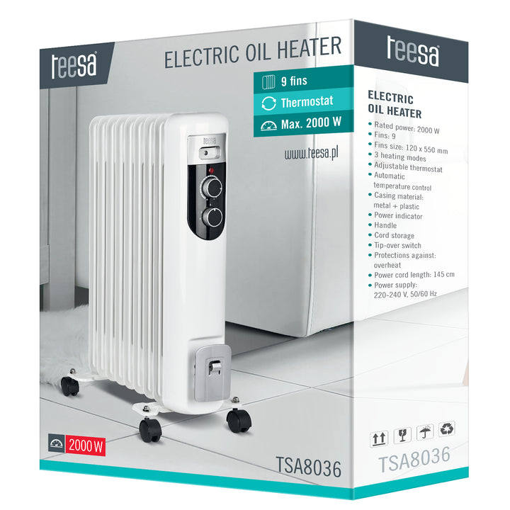 Tessa TSA8036 Elektrisk Oljeradiator 2000 W (9 Lameller) Radiator Med Termostat 3 Värmeinställningar Vit