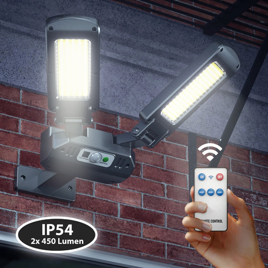 Maclean MCE447 Solcellsgatlampa Med Rörelse- Och Skymningssensor IP54 5W 2x 450 Lumen 6500K Två Ljuskällor Fjärrkontroll Solcellslampa Utomhusvägglampa Utomhusbelysning 3 Ljuslägen