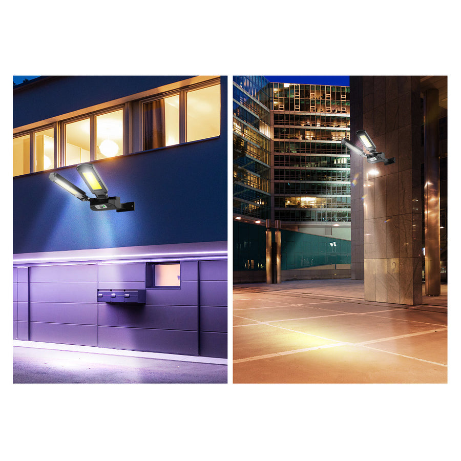 Maclean MCE447 Solcellsgatlampa Med Rörelse- Och Skymningssensor IP54 5W 2x 450 Lumen 6500K Två Ljuskällor Fjärrkontroll Solcellslampa Utomhusvägglampa Utomhusbelysning 3 Ljuslägen