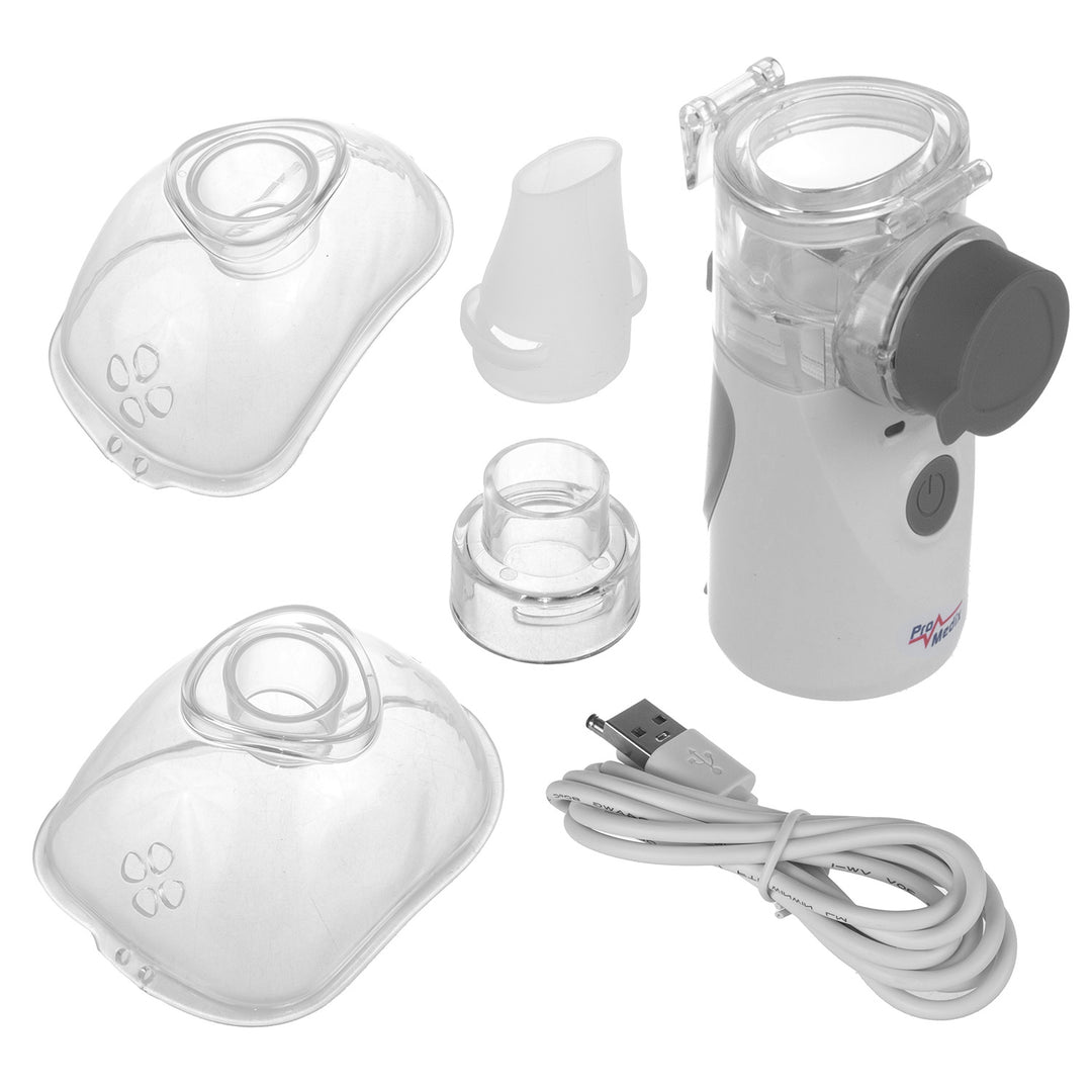 Promedix PR-835 Bärbar Nebulisator För Barn Och Vuxna Tyst Nebulisator Två Masker Munstycke Nebulisatorset Drivs Av USB Eller 2x AA-Batterier Kompakt