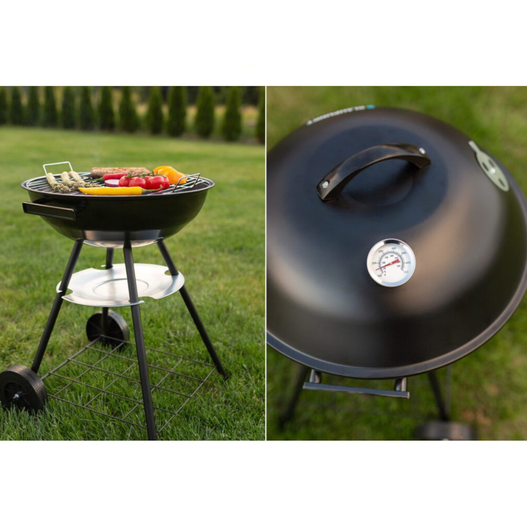 Blaupunkt GC401 Kolgrill På Hjul Runt Grillställ Grill Trädgårdsgrill Grillvagn Med Nedre Hylla Trädgårdsgrill 41cm Diameter BBQ Termometer I Locket