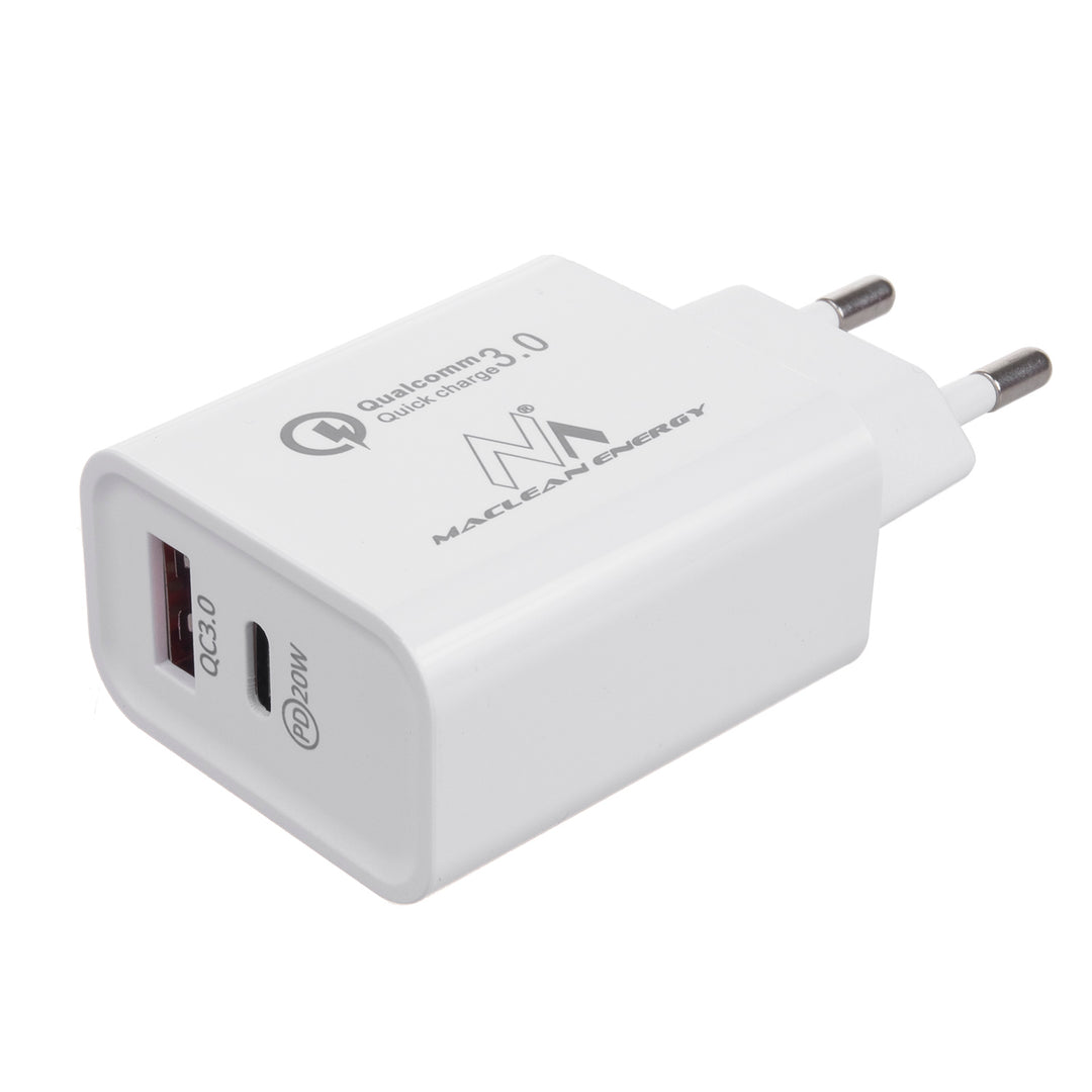 Maclean MCE485 W 20W Nätladdare PD Power Delivery Qualcomm Quick Charge, QC 3.0, 5V3A/9V2.22A/12V1.67A, Vit, MCE485W