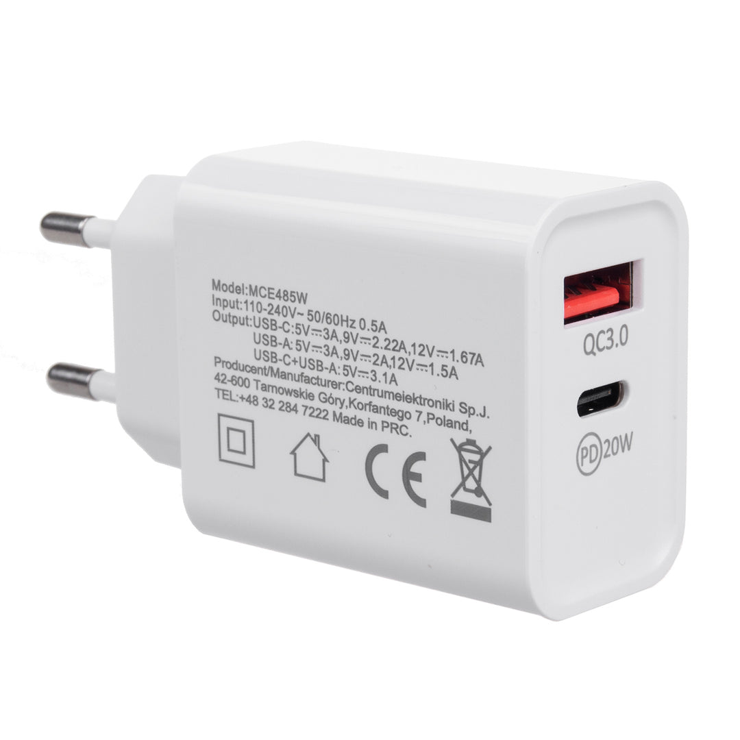 Maclean MCE485 W 20W Nätladdare PD Power Delivery Qualcomm Quick Charge, QC 3.0, 5V3A/9V2.22A/12V1.67A, Vit, MCE485W