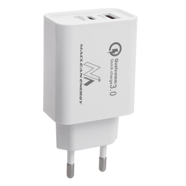 Maclean MCE485 W 20W Nätladdare PD Power Delivery Qualcomm Quick Charge, QC 3.0, 5V3A/9V2.22A/12V1.67A, Vit, MCE485W