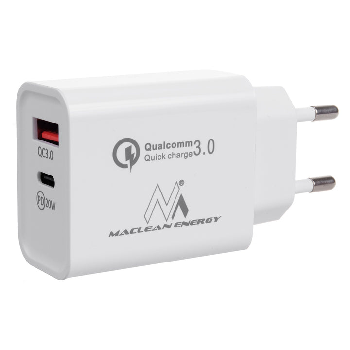 Maclean MCE485 W 20W Nätladdare PD Power Delivery Qualcomm Quick Charge, QC 3.0, 5V3A/9V2.22A/12V1.67A, Vit, MCE485W