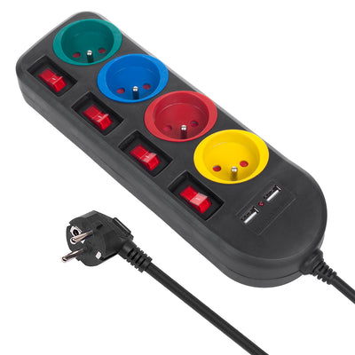 Maclean Strömställare Förlängningskabel Med 4 Uttag + 2xUSB Med Strömbrytare 250VAC/10A, 2.1A 5V, 1.5m