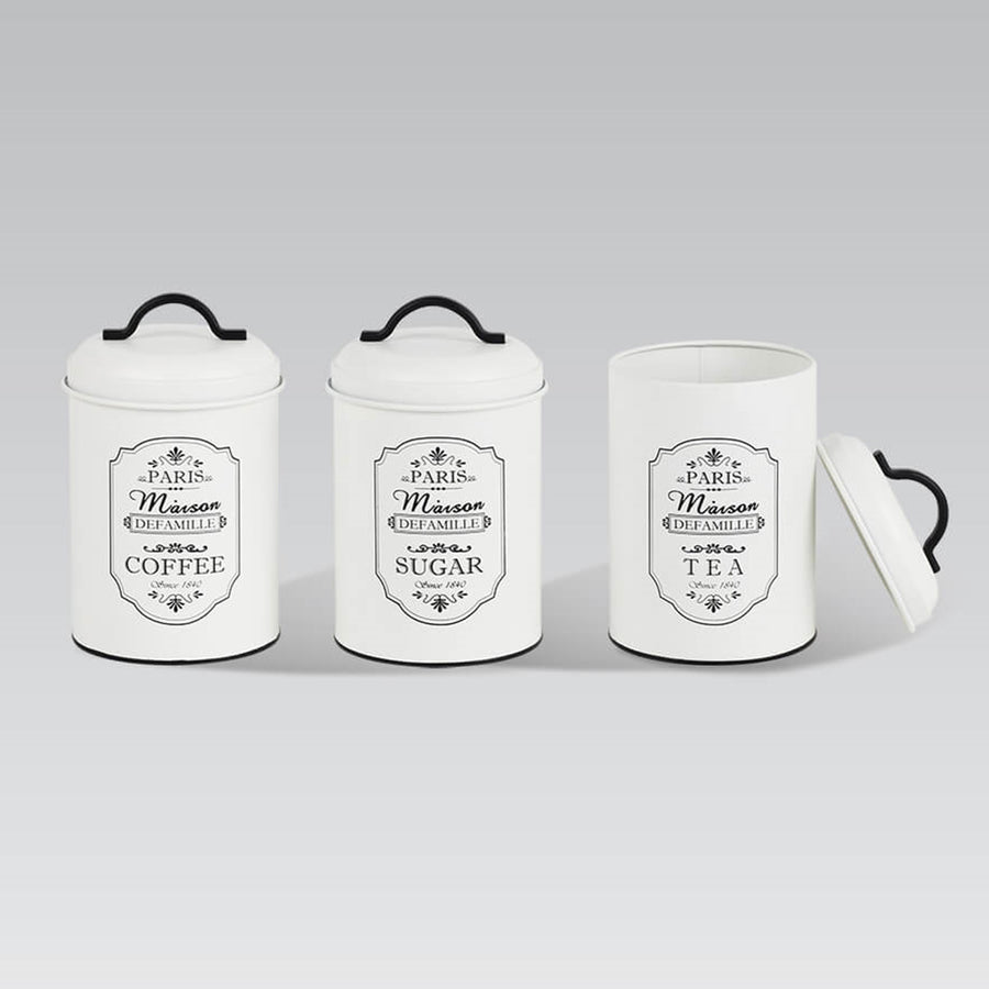 Maestro MR-1771-3CS Paris Set Med 3 Förvaringsburkar Metall Förvaringsburk Socker Kaffe Te Köksbehållare 3x Ø11,3 x 18,5 cm Vit/Svart