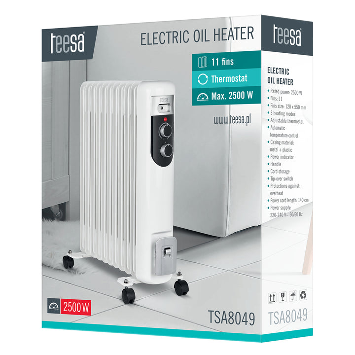 Teesa TSA8049 Elektrisk Oljevärmare 2500W (11 Fenor) Termostatisk Värmare 3 Värmeinställningar På 4x Hjul Vit