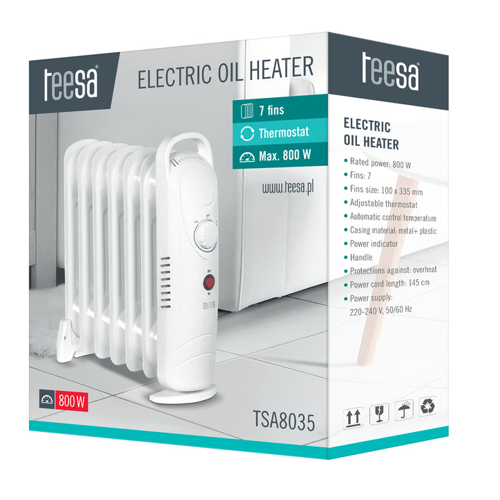 Teesa TSA8035 Elektrisk Oljeradiator 800 W (7 Lameller) Radiator Med Termostat Vit