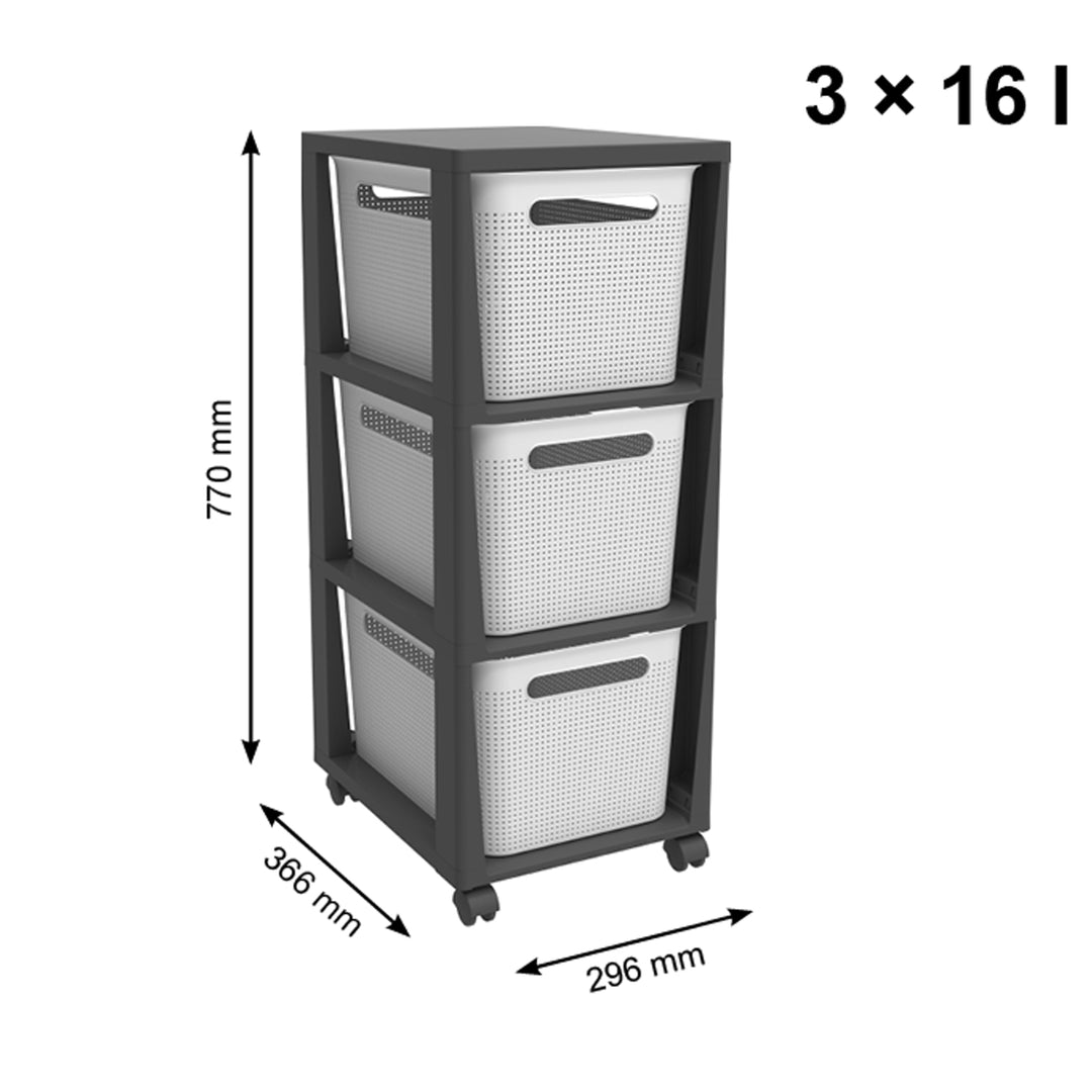 Rotho Mobil Behållare På Hjul Med 3 Förvaringskorgar 3x 16L Lådor Lådlåda Perforerad Plastförvaringslåda