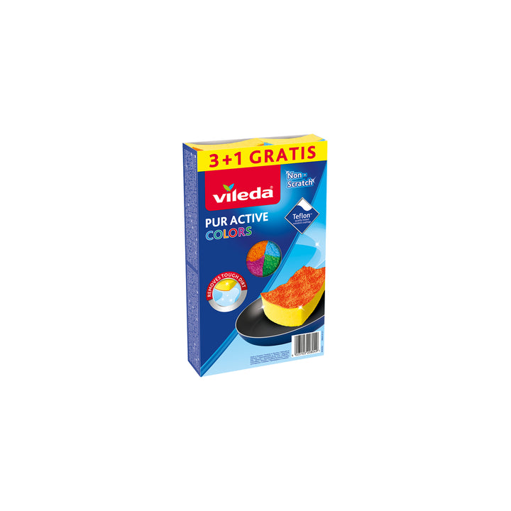 Vileda 169492 4pcs Pur Active Colors Kökssvamp Teflon Lämplig Anti Scratch Scourer Cleaner Disks Hållbar - 4 Olika Färger