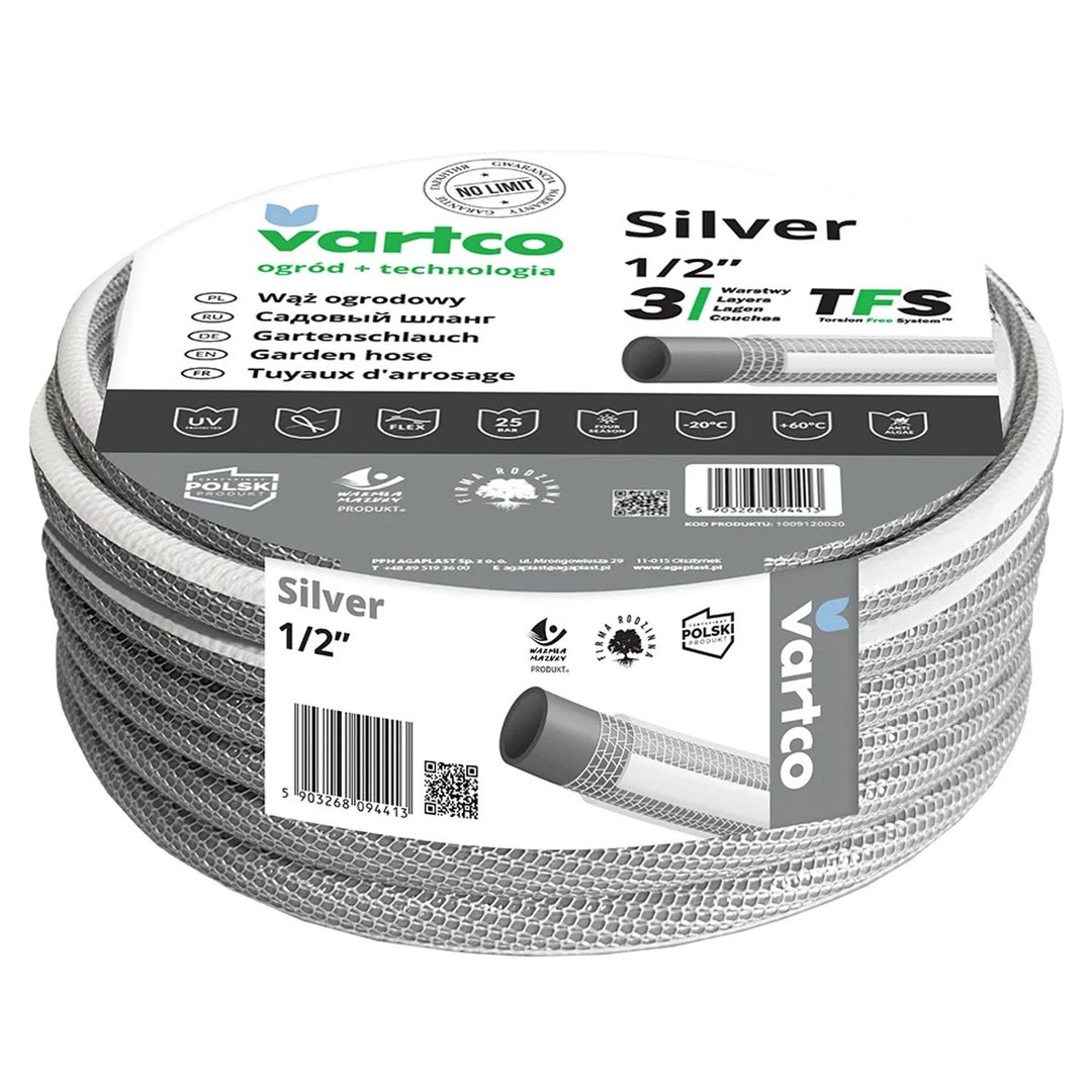 Vartco Silver TFS 3-Lagers Trädgårdsslang Vattenslang Flexibel Antivridslang Trädgårdsbevattning Flexibel Slang UV-Beständig 25 Bar 1/2" 20m