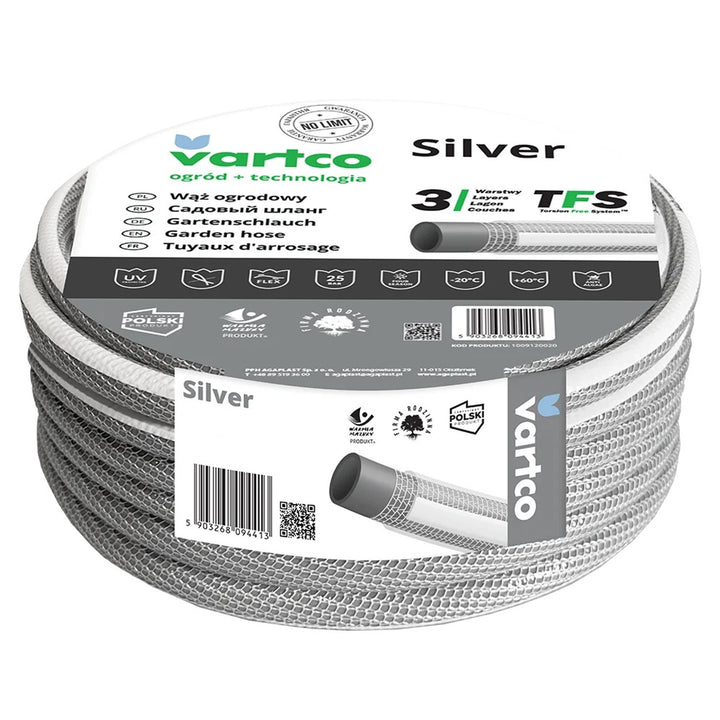 Vartco Silver TFS 3-Lagers Trädgårdsslang Vattenslang Flexibel Antivridslang Trädgårdsbevattning Flexibel Slang UV-Beständig 25 Bar  3/4" 50m