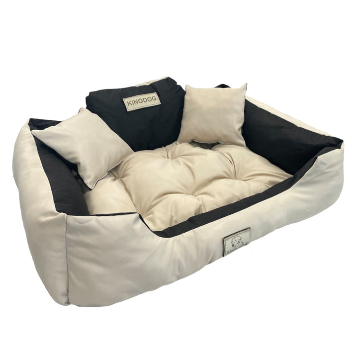 KingDog Hund- Och Kattsäng Med Två Kuddar Hundkudde Husdjurskorg Tvättbar Vattentät PVC-Material (XXL 130 x 105cm, Beige)