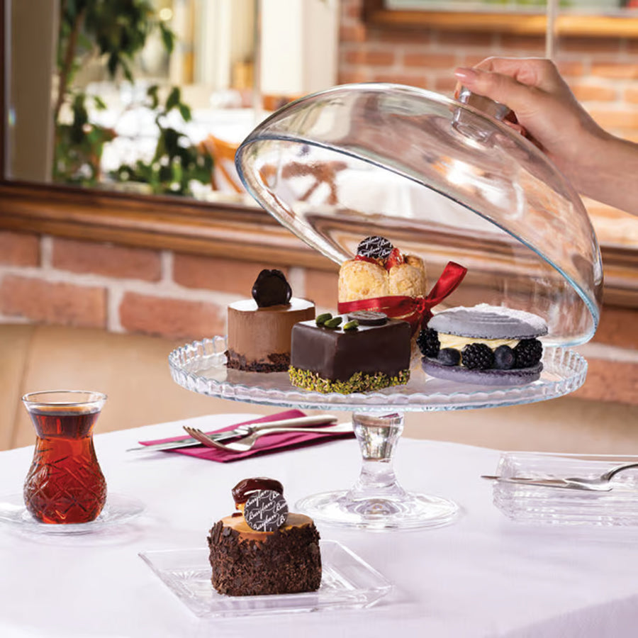 Pasabahce Patisserie Glass Plate with Stand and Lampshade, 32 cm. Elevate your presentation with this uniquely designed glassware.